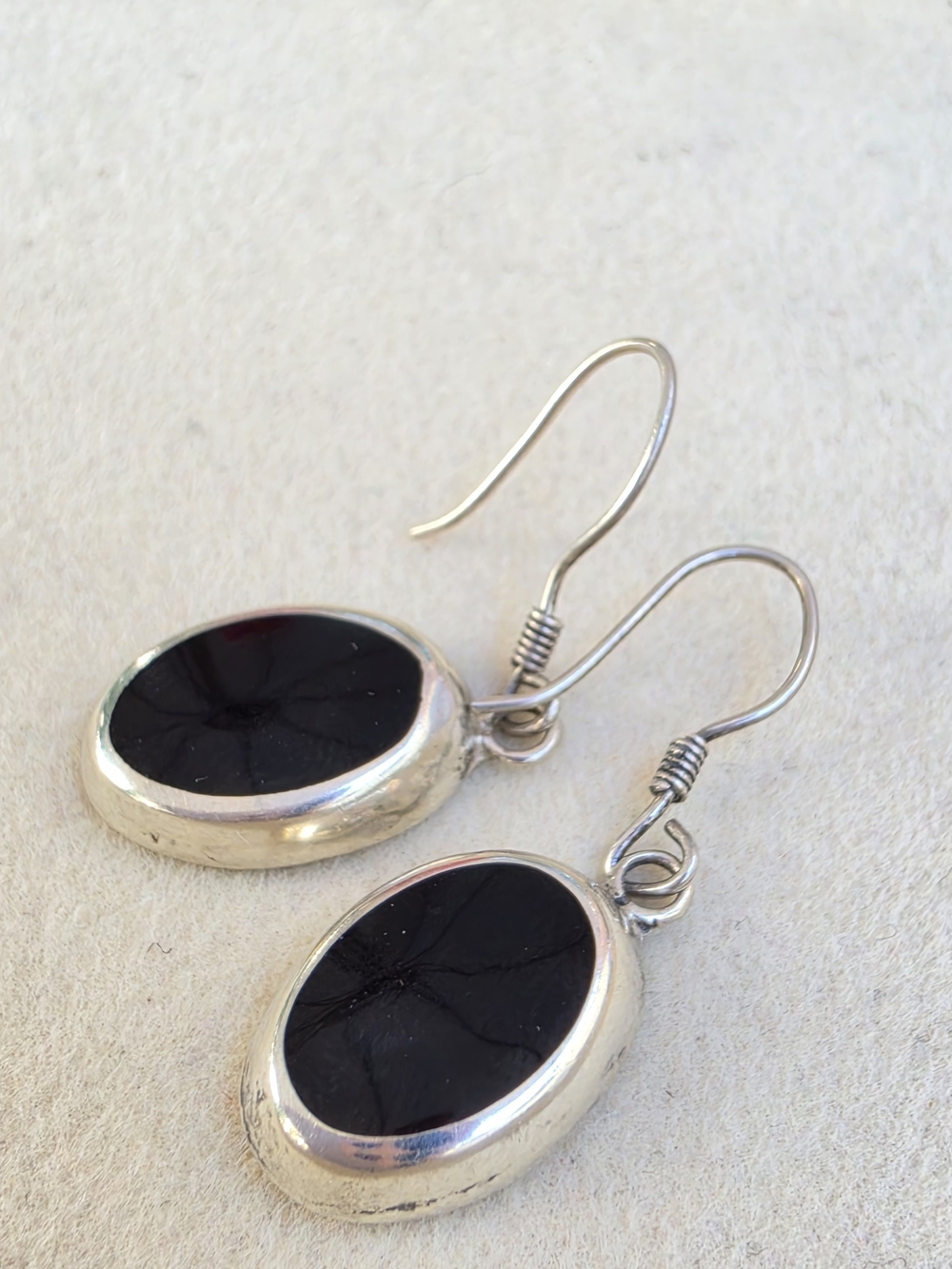 Vintage 925 Sterling Silver Black Onyx Oval Drop Dangle Earrings Mexico • 2.18g